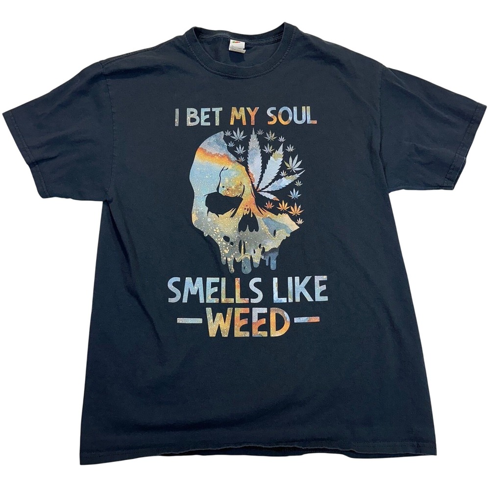 Gildan I Bet My Soul Smells Like Weed Skull Graphic‎ T-Shirt Black Large Women